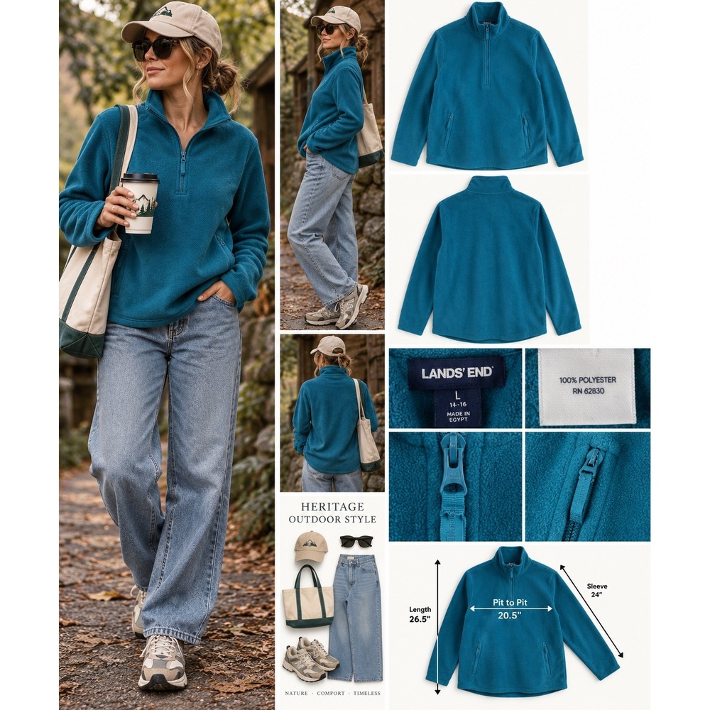 Lands' End L Teal Fleece Quarter Zip Pullover 90s Gorpcore Heritage Outdoor